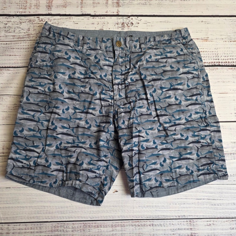 Reyn Spooner Mens 34x9 Reversible Shorts Grey Blue Shark Print Cotton Casual